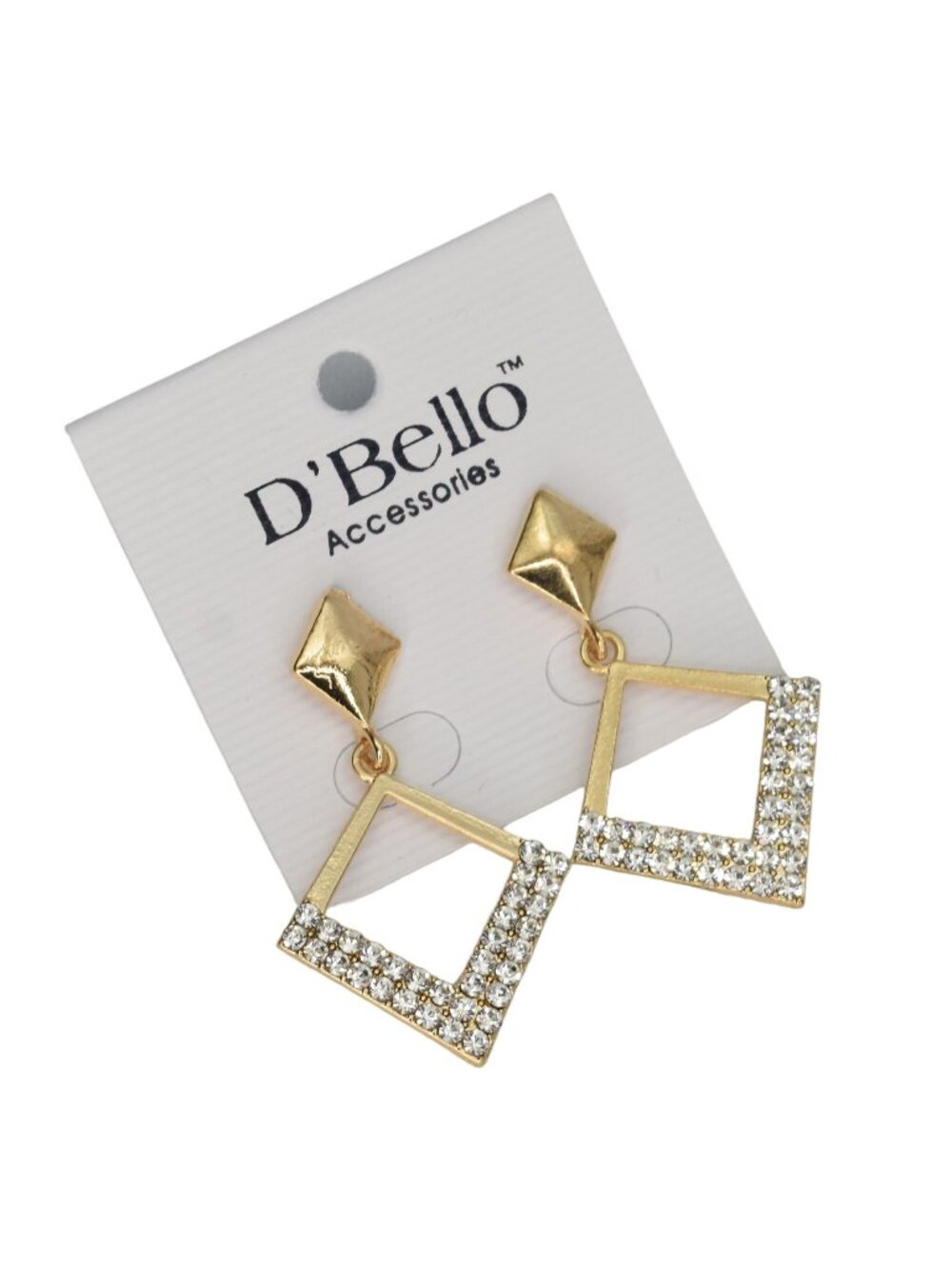 DBello Square Diamond Shaped Earrings Rhinestone Goldtone Post Drop Dangle